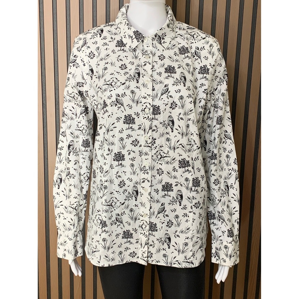 Talbots Women's Woodland Toile Owl Rabbit Bird Non-Iron Button Shirt White 12